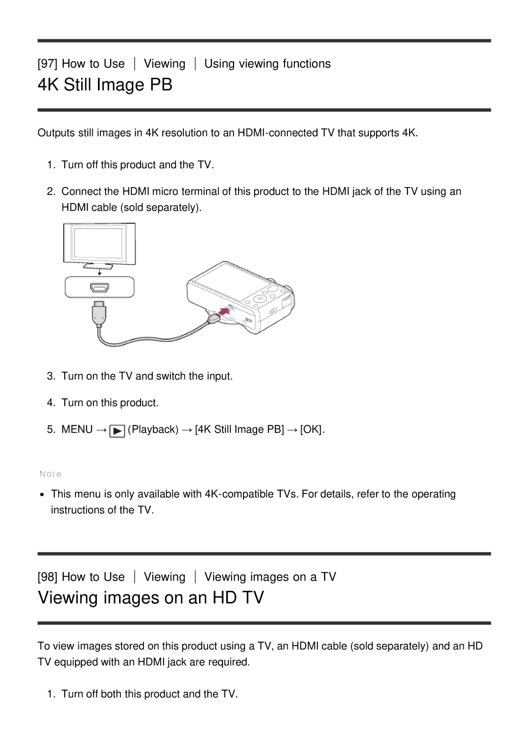 Sony DSC-HX60V manual 4K Still Image PB, Viewing images on an HD TV, How to Use Viewing Viewing images on a TV 