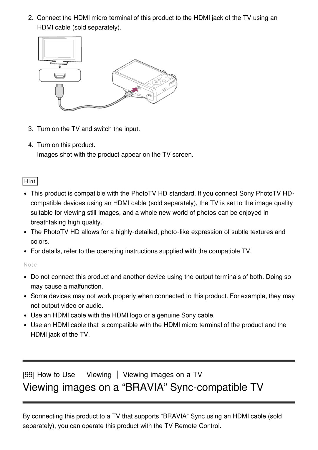 Sony DSC-HX60V manual Viewing images on a Bravia Sync-compatible TV 