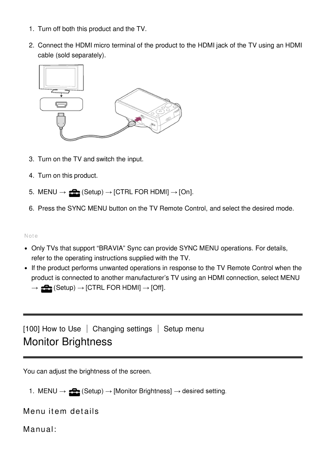 Sony DSC-HX60V manual Monitor Brightness, Menu item details Manual, How to Use Changing settings, Setup menu 