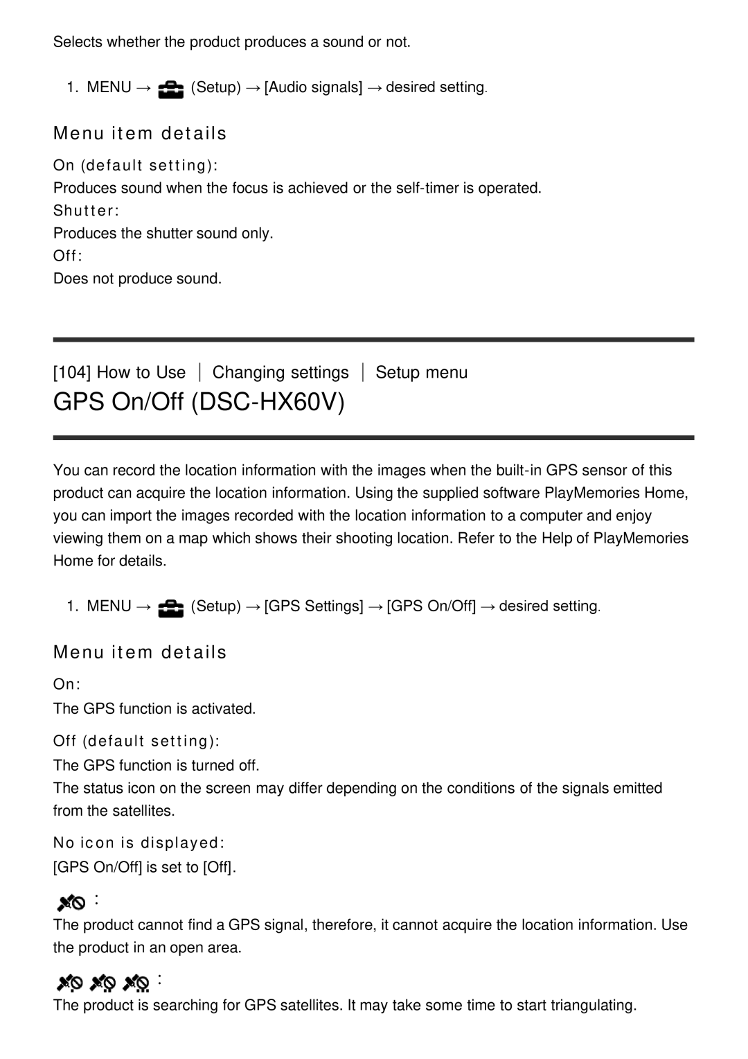 Sony manual GPS On/Off DSC-HX60V, Shutter, No icon is displayed 