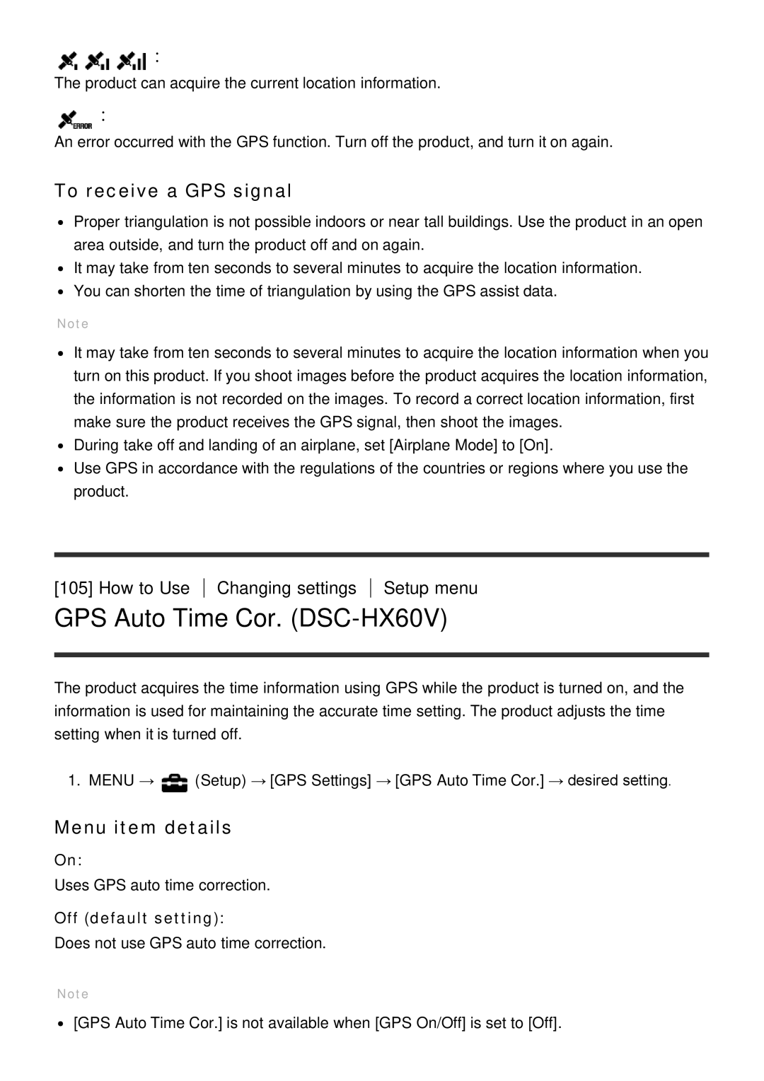 Sony manual GPS Auto Time Cor. DSC-HX60V, To receive a GPS signal 