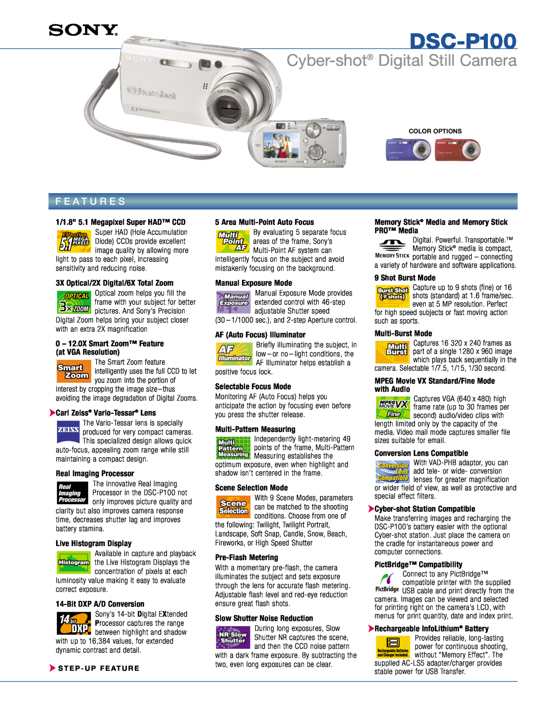 Sony DSC-P100 manual Cyber-shot Digital Still Camera, F E A T U R E S 