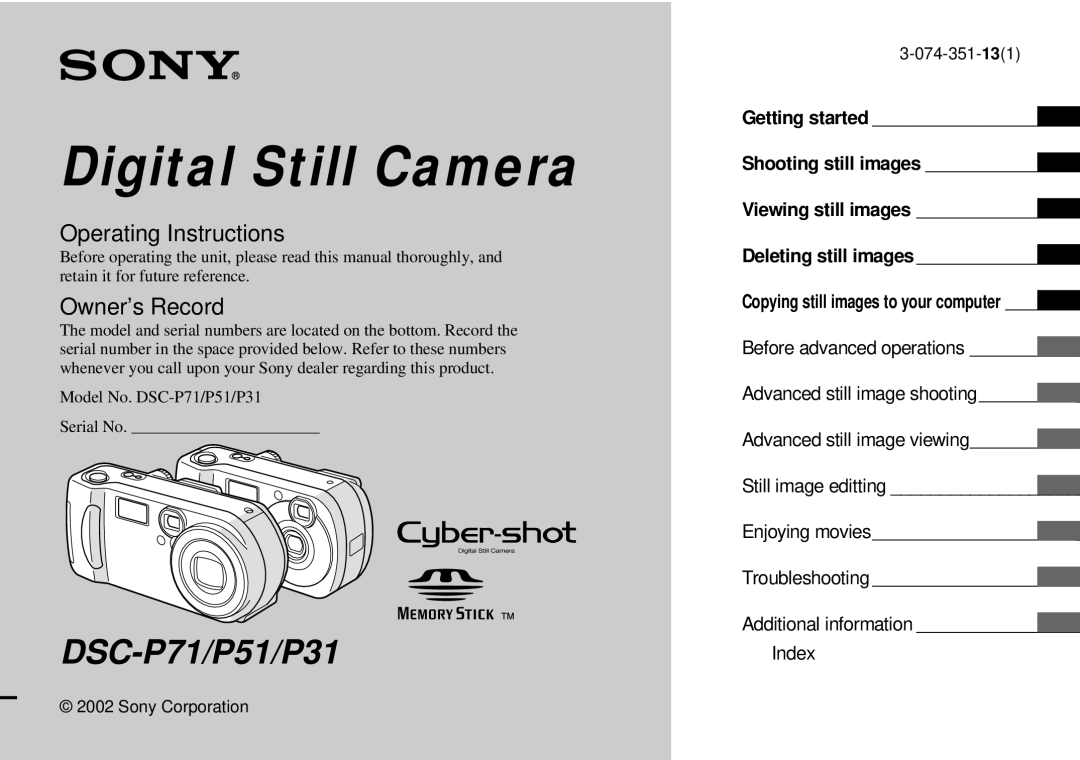 Sony DSC-P51, DSC-P31 operating instructions Model No. DSC-P71/P51/P31 Serial No, Enjoying movies 