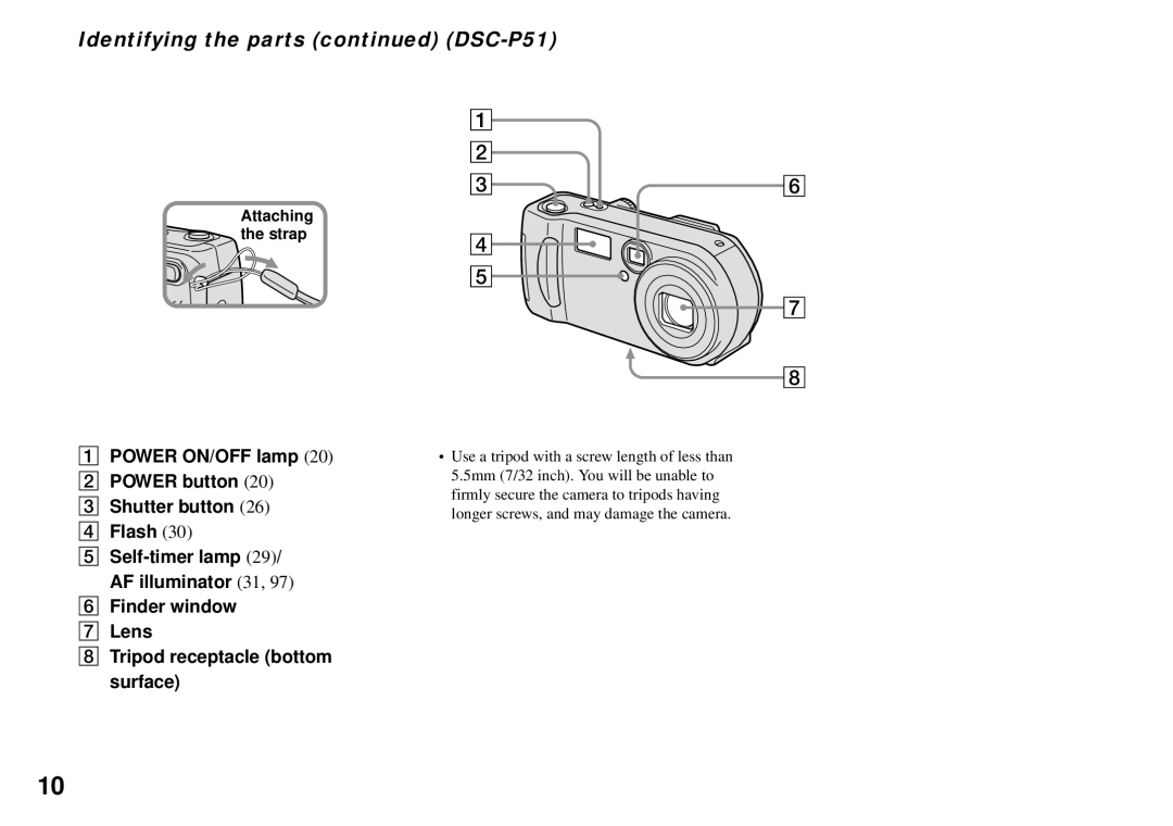 Sony DSC-P31, DSC-P71 operating instructions Identifying the parts DSC-P51 