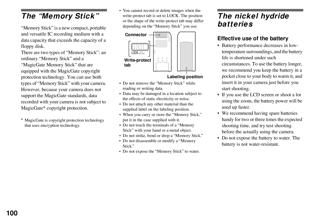 Sony DSC-P51, DSC-P31, DSC-P71 operating instructions Memory Stick, Nickel hydride batteries, Effective use of the battery 