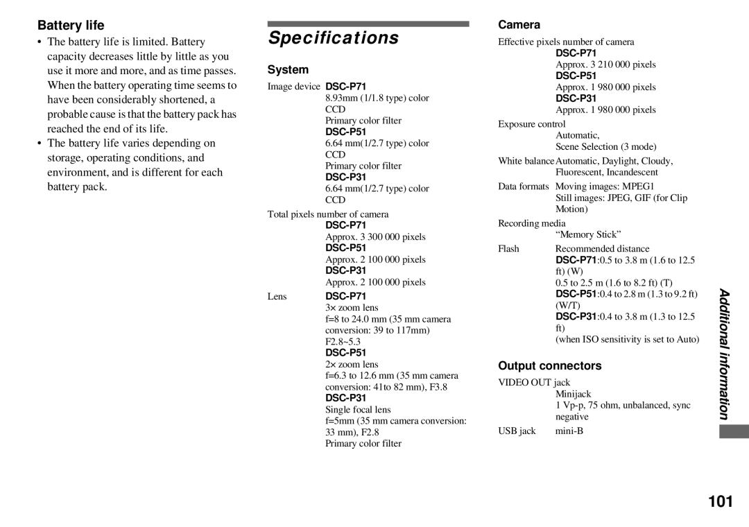 Sony DSC-P71, DSC-P31, DSC-P51 operating instructions Specifications, Battery life, System, Output connectors 