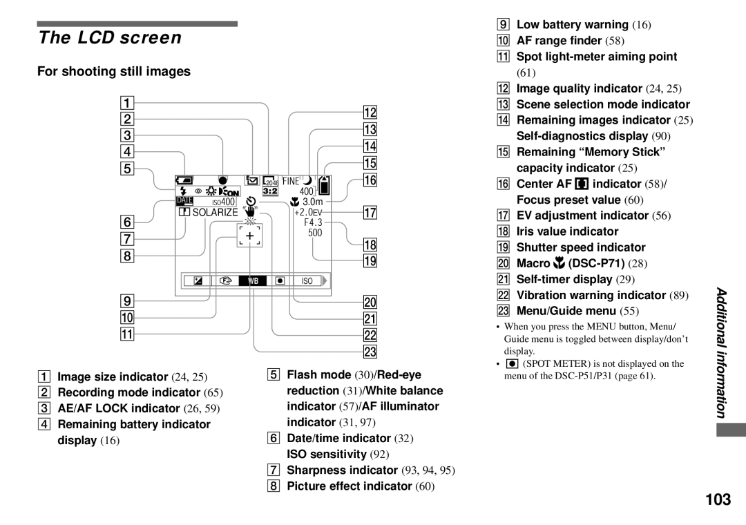 Sony DSC-P51, DSC-P31, DSC-P71 operating instructions LCD screen, For shooting still images, Picture effect indicator 