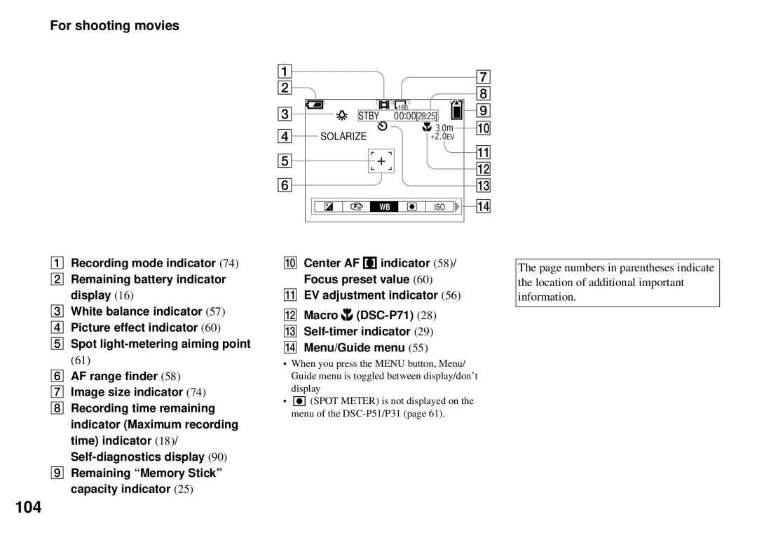 Sony DSC-P71, DSC-P31, DSC-P51 operating instructions 104, For shooting movies 