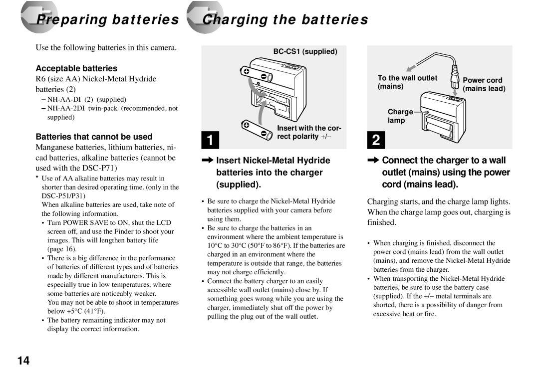 Sony DSC-P71, DSC-P31 Preparing batteries, Charging the batteries, Acceptable batteries, Batteries that cannot be used 