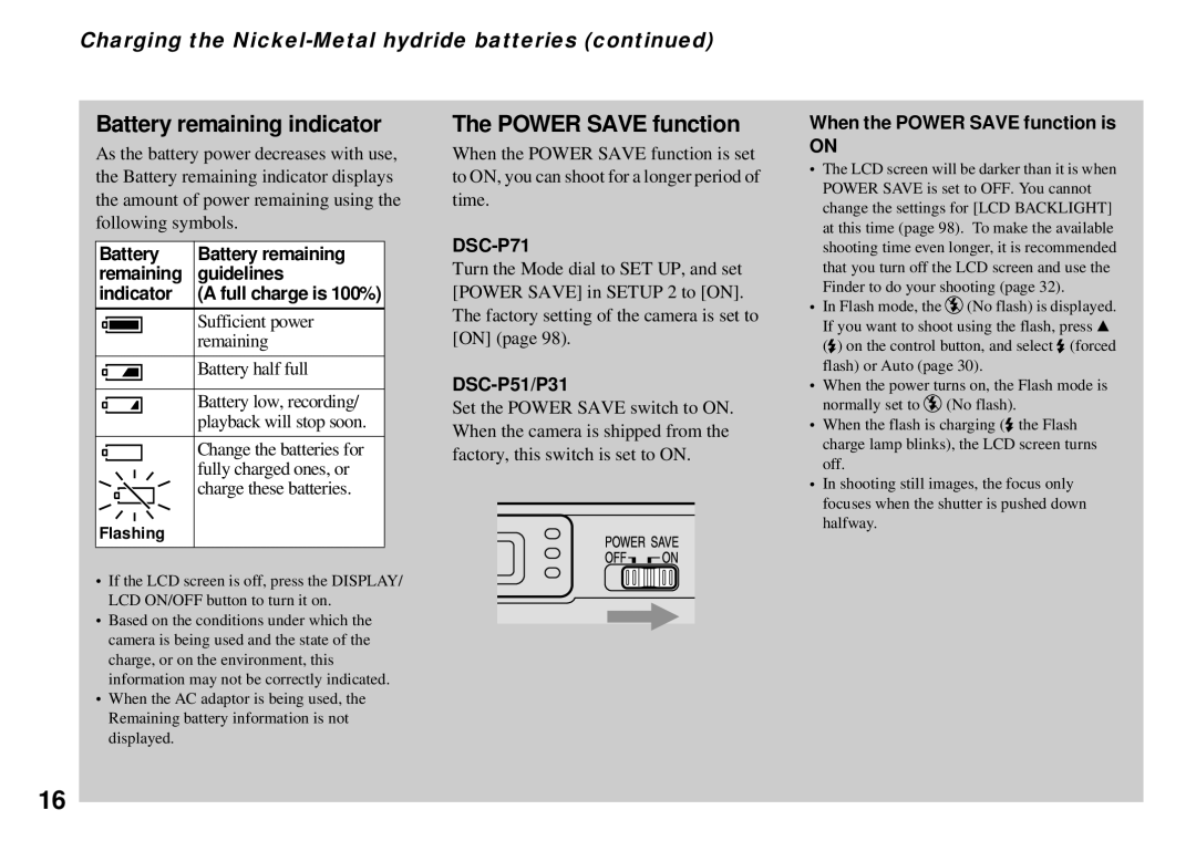 Sony DSC-P51 Battery remaining indicator, Power Save function, Charging the Nickel-Metal hydride batteries, DSC-P71 