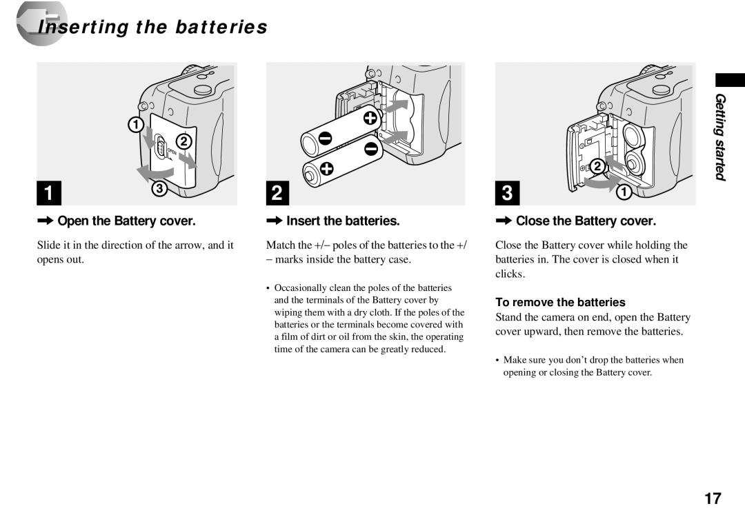 Sony DSC-P71, DSC-P31 Inserting the batteries, Open the Battery cover Insert the batteries, Close the Battery cover 