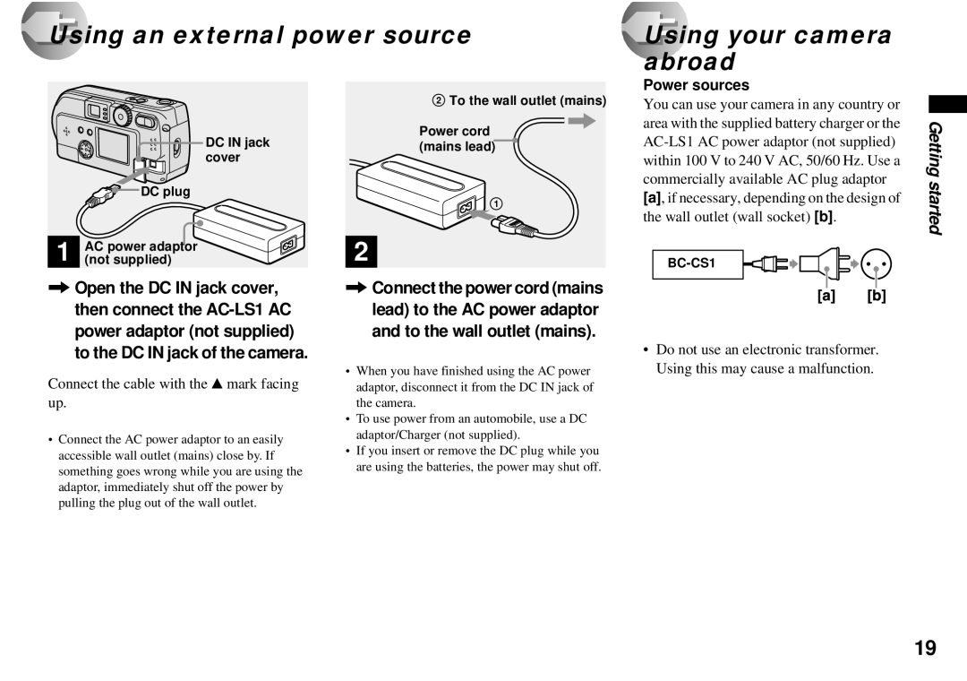 Sony DSC-P51, DSC-P31, DSC-P71 operating instructions Using an external power source Using your camera abroad, Power sources 