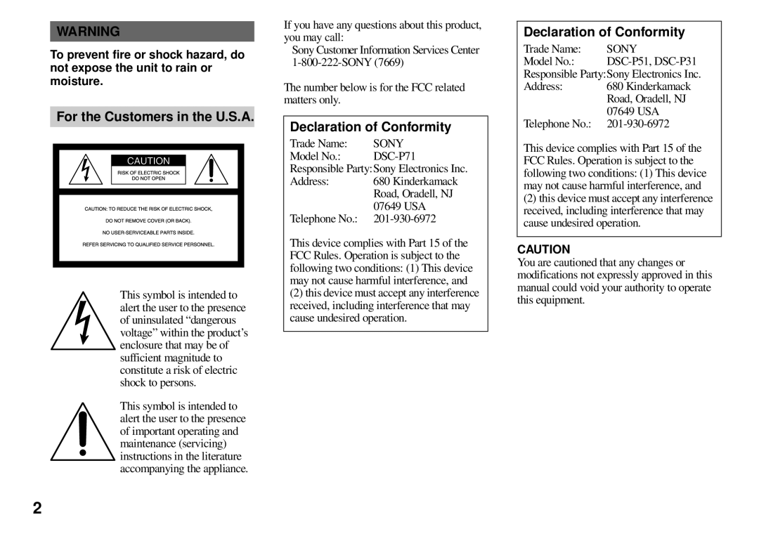 Sony DSC-P71, DSC-P31, DSC-P51 operating instructions For the Customers in the U.S.A, Declaration of Conformity 