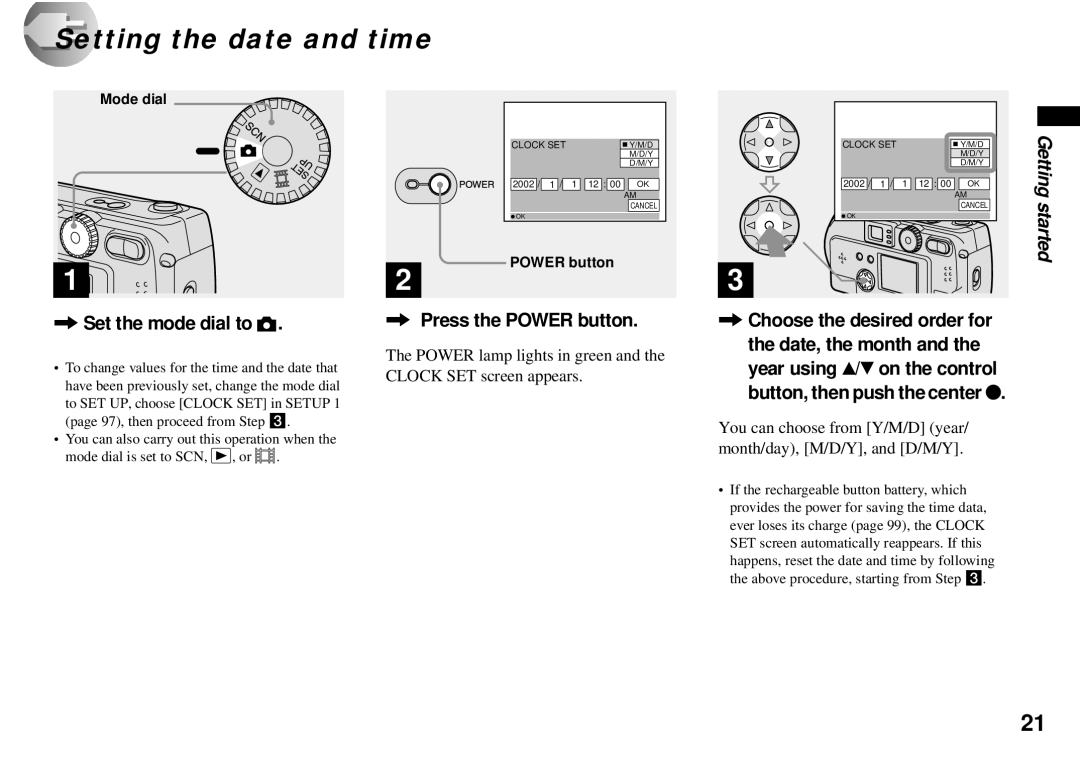 Sony DSC-P31 Setting the date and time, Set the mode dial to, Power lamp lights in green and the Clock SET screen appears 