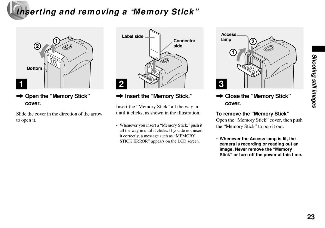 Sony DSC-P71, DSC-P31 Inserting and removing a Memory Stick, Open the Memory Stick cover, Insert the Memory Stick, Cover 