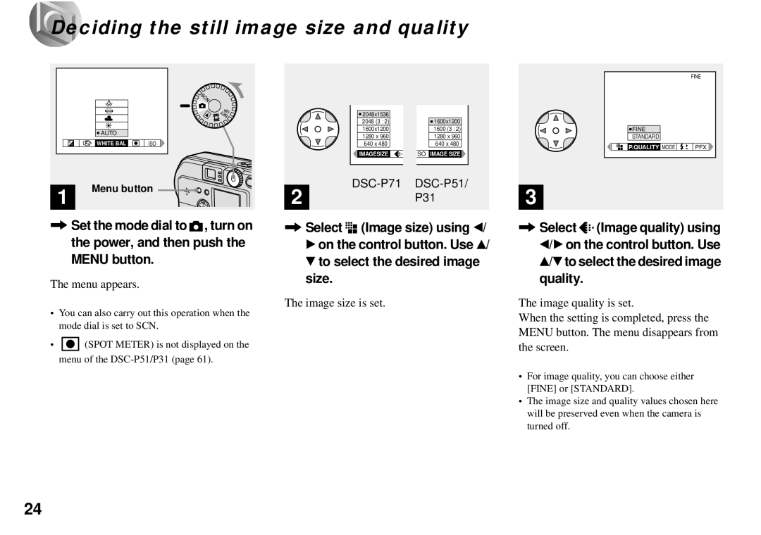 Sony DSC-P31, DSC-P51, DSC-P71 Deciding the still image size and quality, Menu appears, Image size is set 