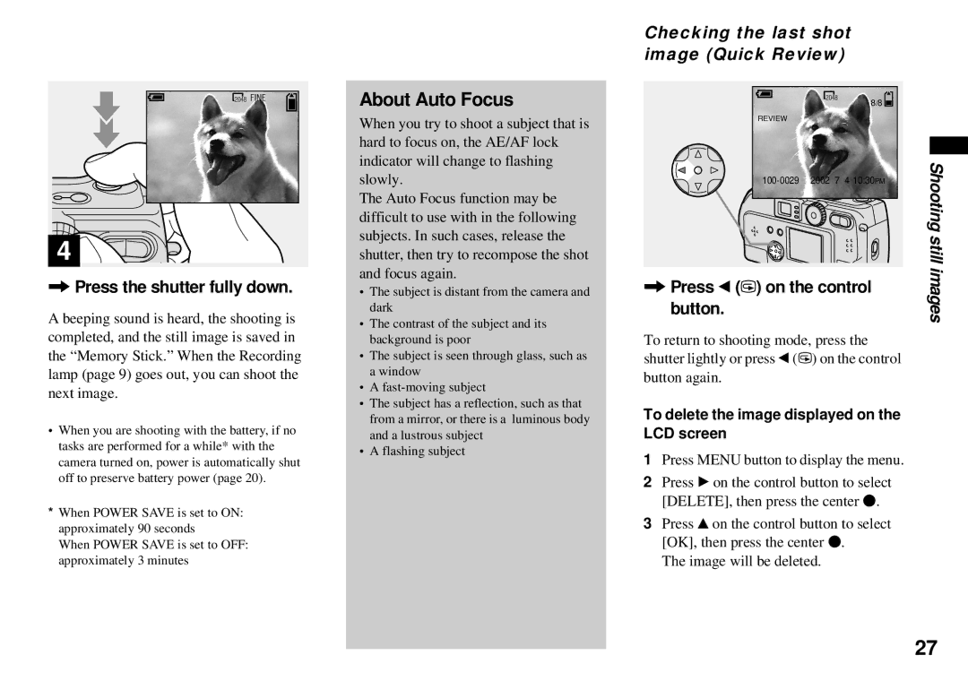 Sony DSC-P31, DSC-P51, DSC-P71 About Auto Focus, Press the shutter fully down, Checking the last shot image Quick Review 