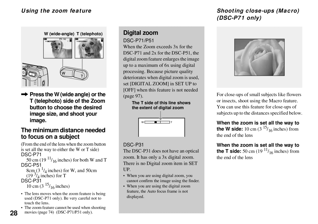 Sony DSC-P51, DSC-P31, DSC-P71 Minimum distance needed to focus on a subject, Digital zoom, Using the zoom feature 