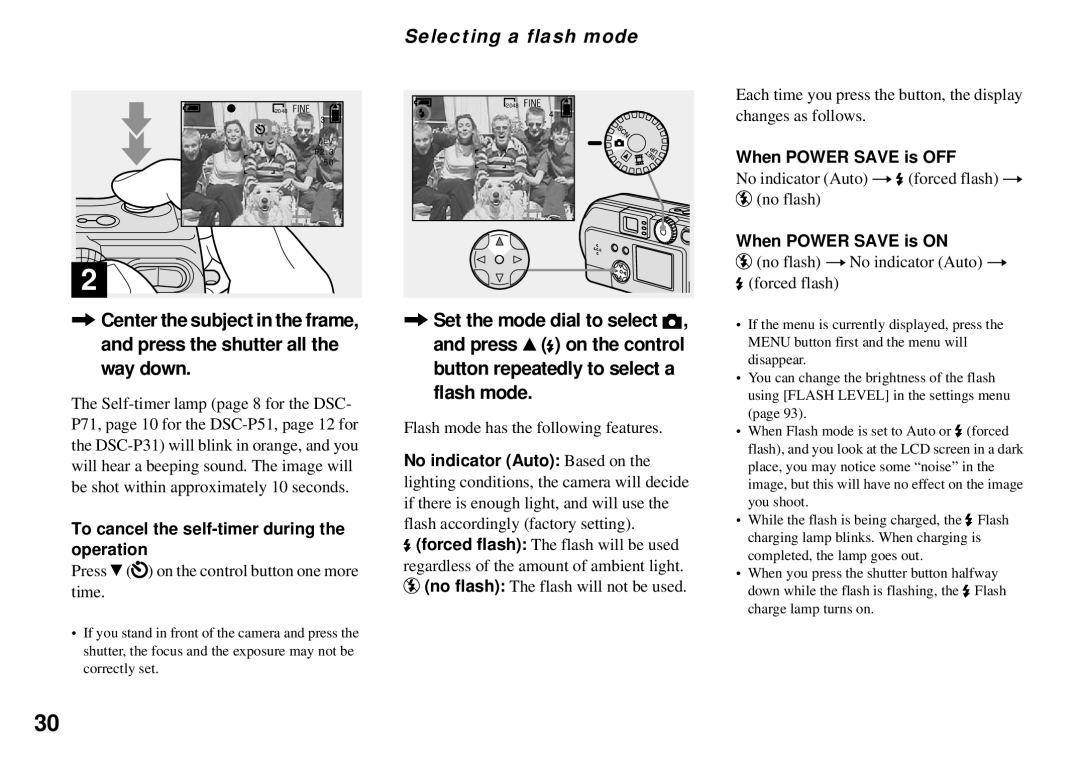 Sony DSC-P31, DSC-P51 Selecting a flash mode, To cancel the self-timer during the operation, When Power Save is OFF 