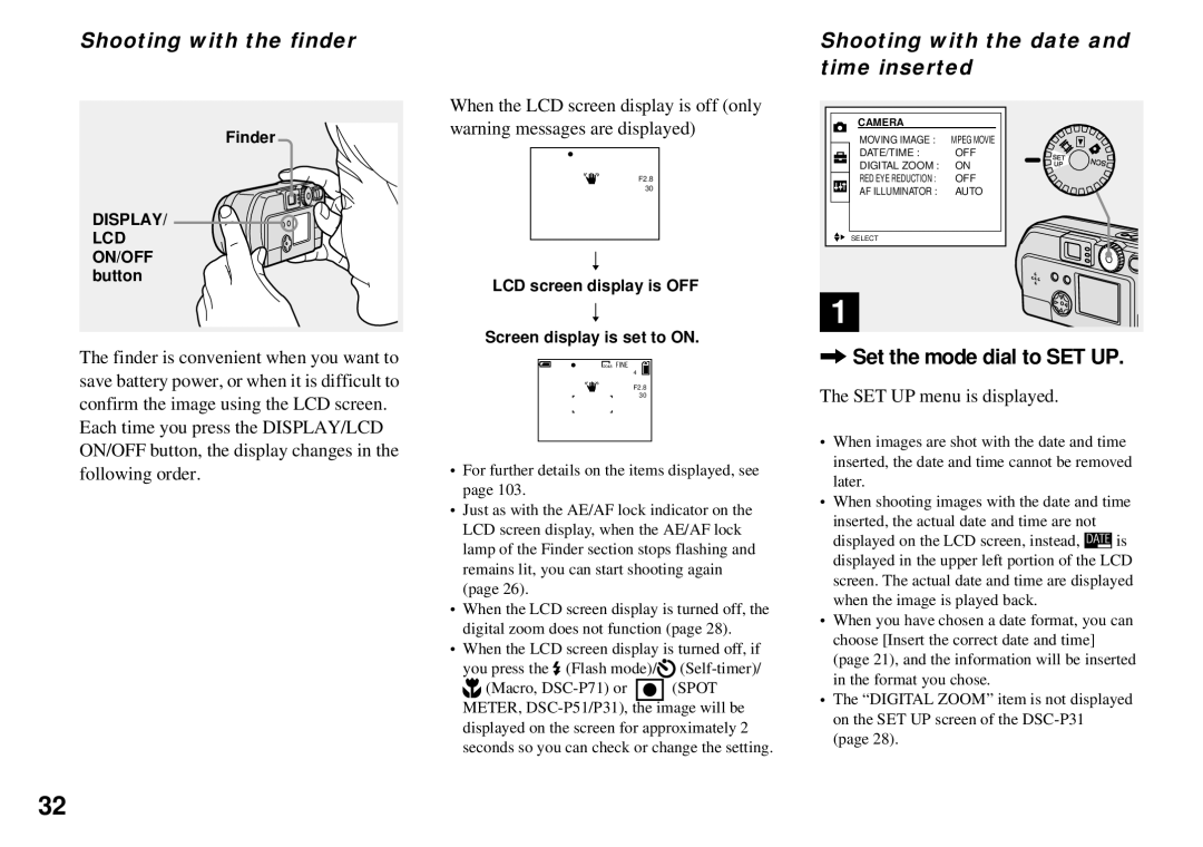 Sony DSC-P71, DSC-P31 Shooting with the finder, Shooting with the date and time inserted, Set the mode dial to SET UP 