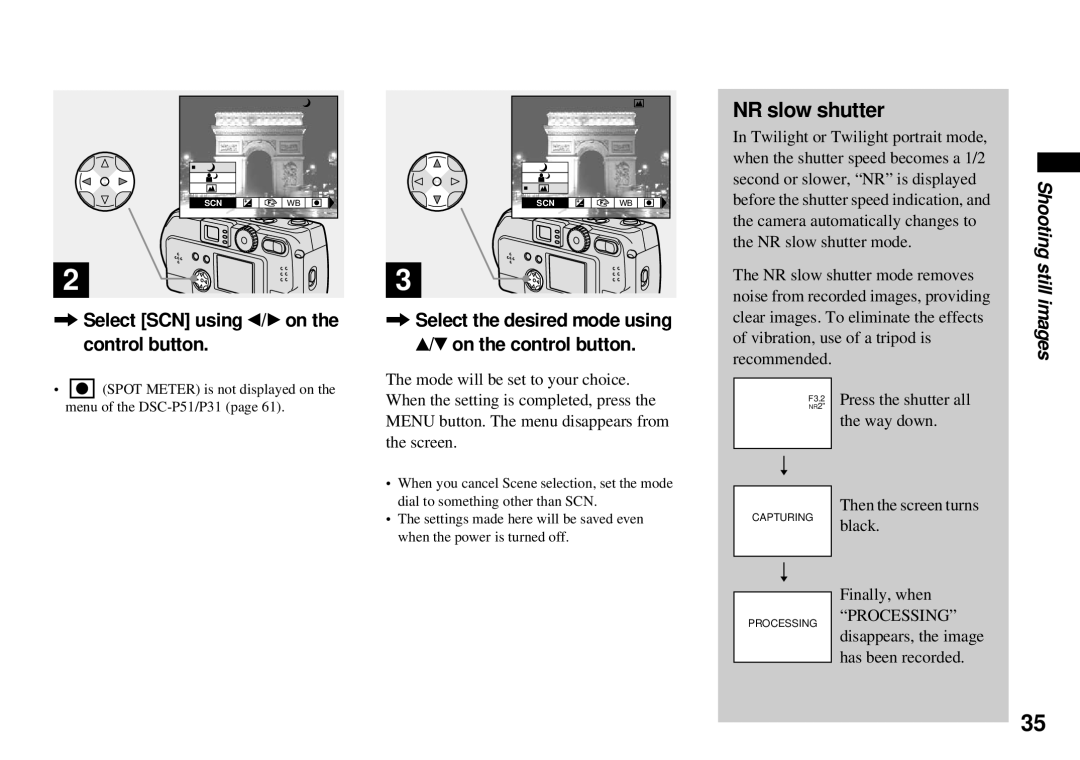 Sony DSC-P71, DSC-P31, DSC-P51 operating instructions NR slow shutter, Select SCN using b/B on the control button, Way down 