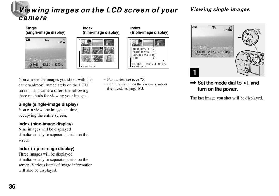 Sony DSC-P31, DSC-P51, DSC-P71 operating instructions Viewing images on the LCD screen of your camera, Viewing single images 