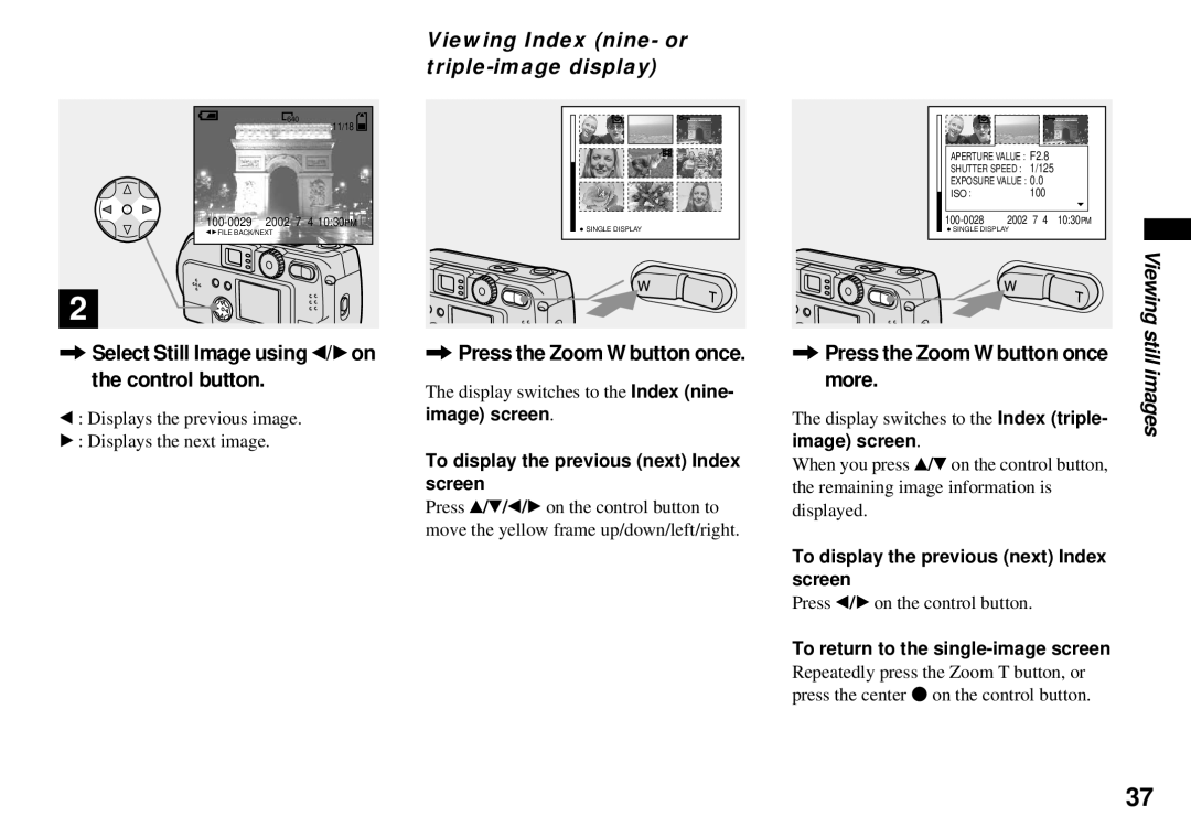 Sony DSC-P51, DSC-P31 Select Still Image using b/Bon the control button, Viewing Index nine- or triple-image display 
