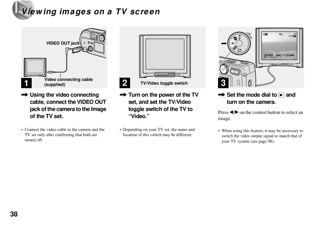 Sony DSC-P71, DSC-P31, DSC-P51 Viewing images on a TV screen, Set the mode dial to and turn on the camera 