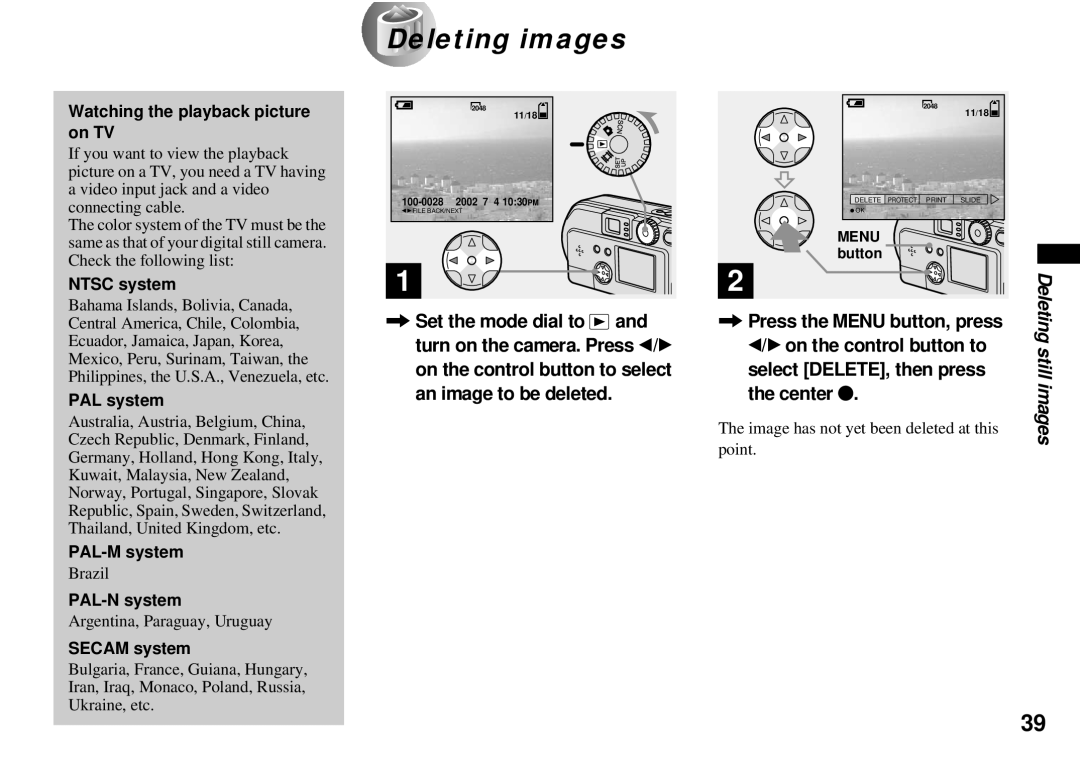 Sony DSC-P31, DSC-P51, DSC-P71 operating instructions Deleting images, Deleting still images 