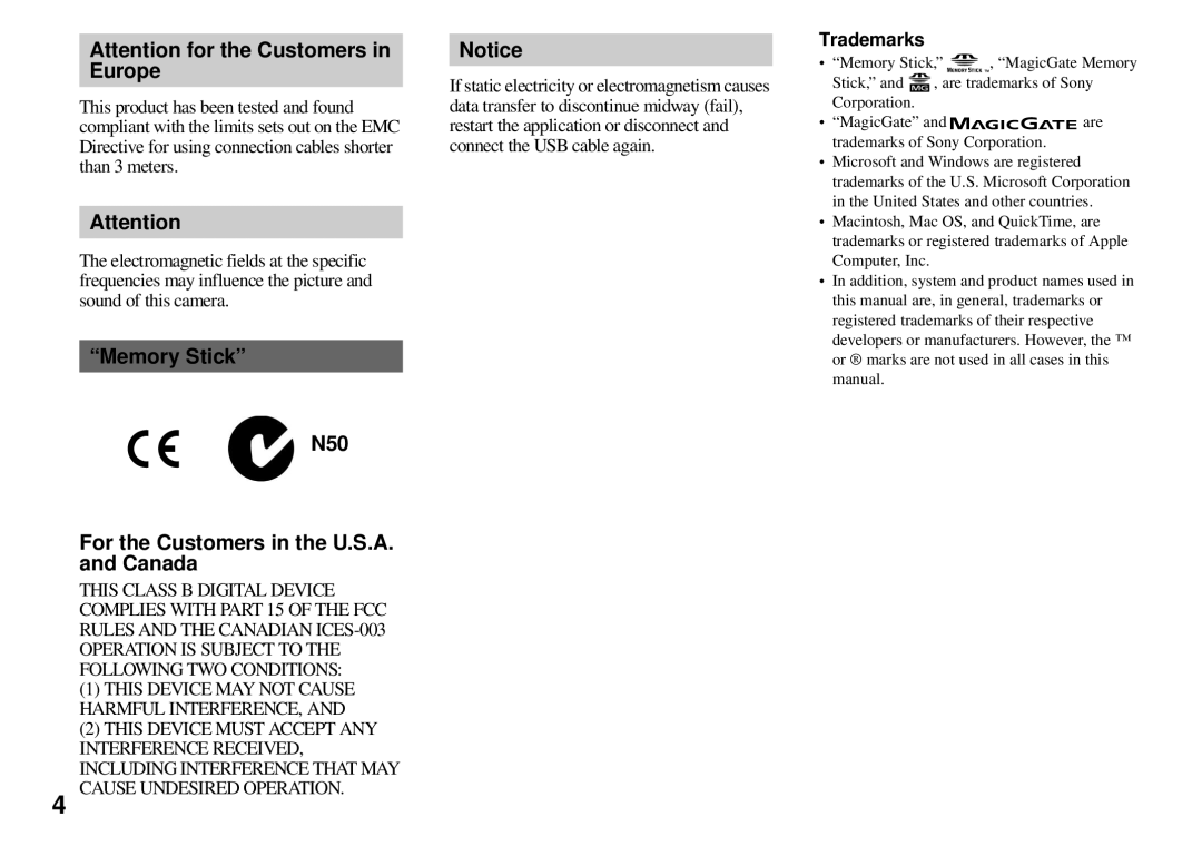 Sony DSC-P51, DSC-P31, DSC-P71 operating instructions Memory Stick N50 For the Customers in the U.S.A. and Canada, Trademarks 