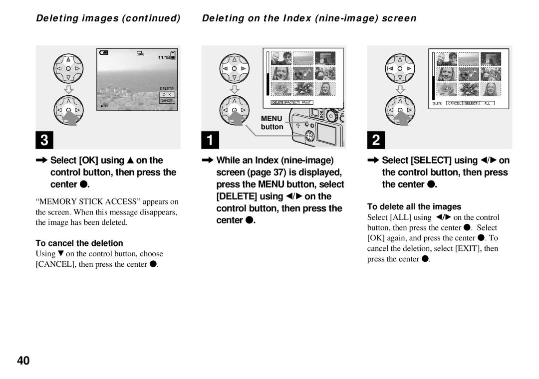 Sony DSC-P51 Deleting images Deleting on the Index nine-image screen, To cancel the deletion, To delete all the images 