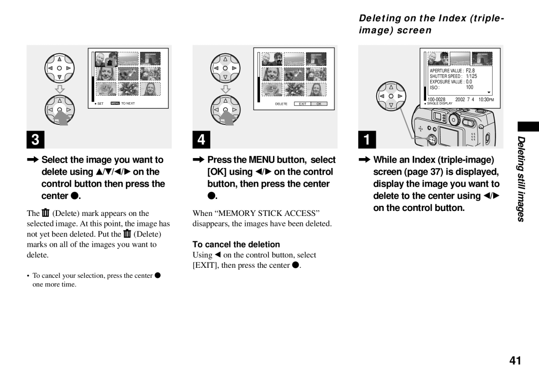 Sony DSC-P71, DSC-P31, DSC-P51 operating instructions Deleting on the Index triple- image screen 