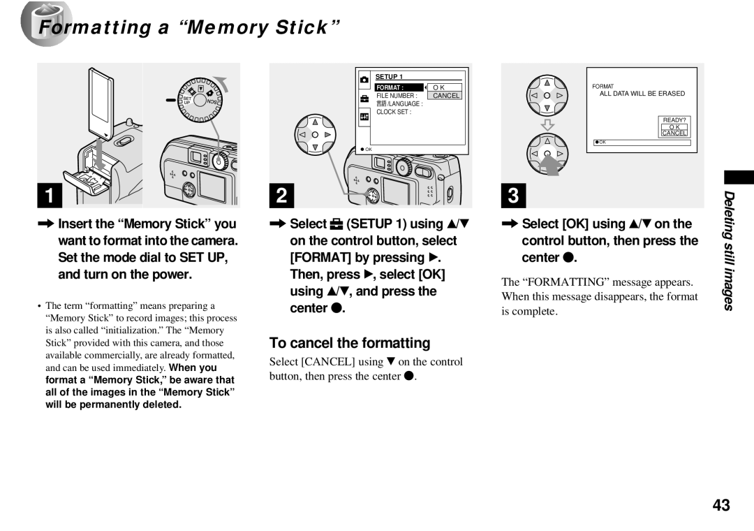 Sony DSC-P51, DSC-P31, DSC-P71 operating instructions Formatting a Memory Stick, To cancel the formatting, Still images 