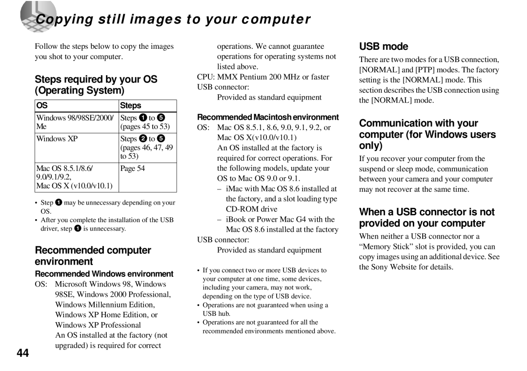 Sony DSC-P71, DSC-P31, DSC-P51 Copying still images to your computer, Steps required by your OS Operating System, USB mode 