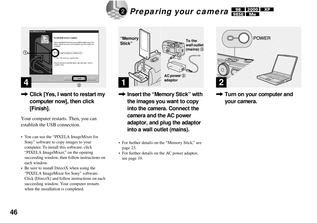 Sony DSC-P51, DSC-P31, DSC-P71 Preparing your camera, Adaptor, and plug the adaptor into a wall outlet mains 