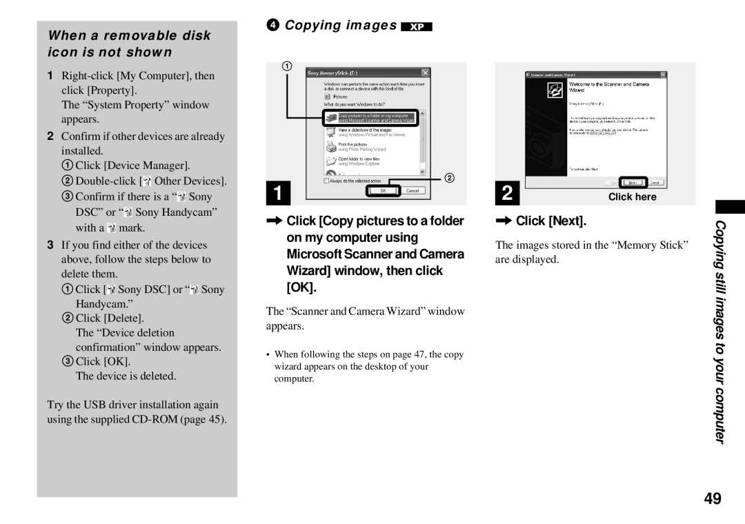 Sony DSC-P51, DSC-P31, DSC-P71 operating instructions When a removable disk icon is not shown, Copying images, Click Next 