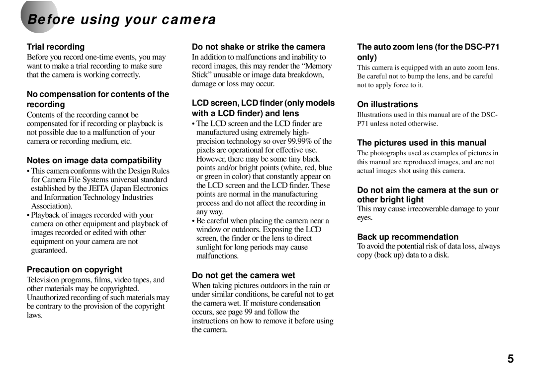 Sony DSC-P71, DSC-P31, DSC-P51 operating instructions Before using your camera 