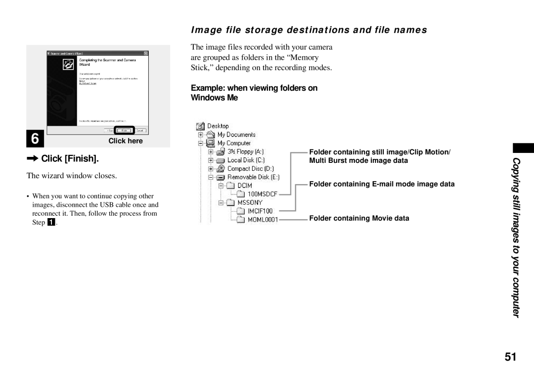 Sony DSC-P31, DSC-P51, DSC-P71 Click Finish, Image file storage destinations and file names, Wizard window closes 