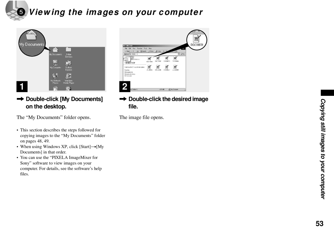 Sony DSC-P71, DSC-P31, DSC-P51 Viewing the images on your computer, My Documents folder opens Image file opens 