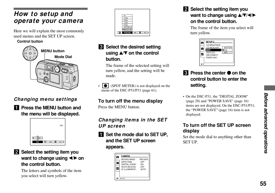 Sony DSC-P51, DSC-P31 How to setup and operate your camera, Changing menu settings, Changing items in the SET UP screen 