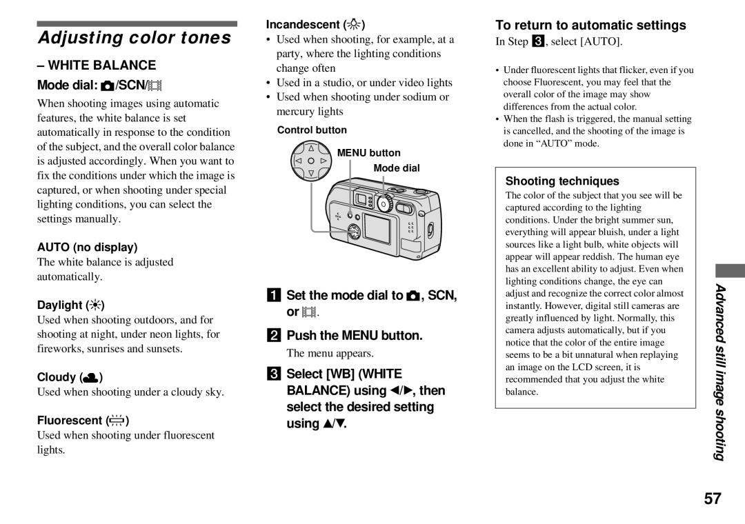 Sony DSC-P31 Adjusting color tones, White Balance Mode dial /SCN, Set the mode dial to , SCN, or Push the Menu button 