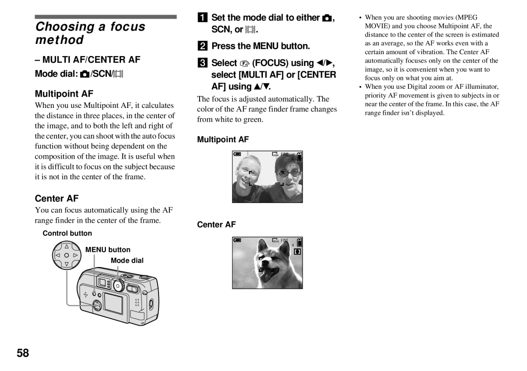 Sony DSC-P51, DSC-P31, DSC-P71 Choosing a focus method, Multi AF/CENTER AF Mode dial /SCN Multipoint AF, Center AF 