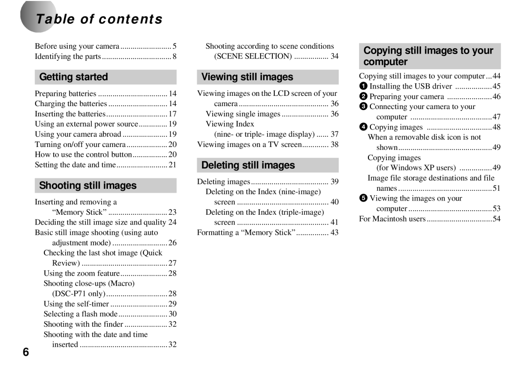 Sony DSC-P31, DSC-P51, DSC-P71 operating instructions Table of contents 