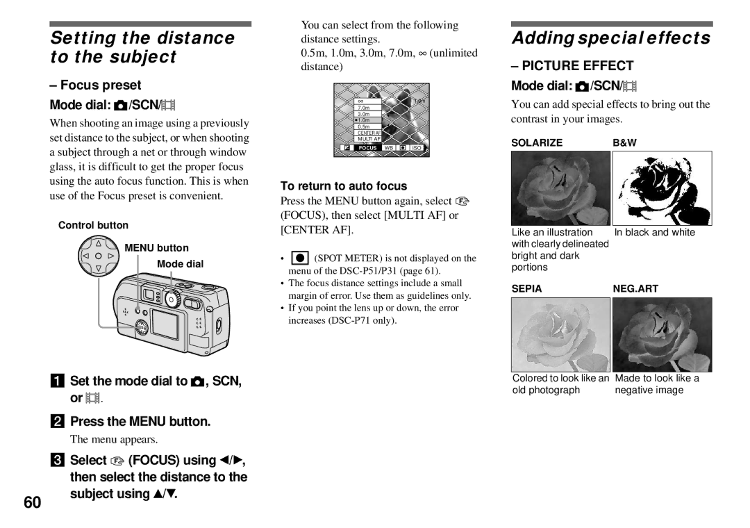 Sony DSC-P31 Setting the distance to the subject, Adding special effects, Focus preset Mode dial /SCN, Subject using v/V 