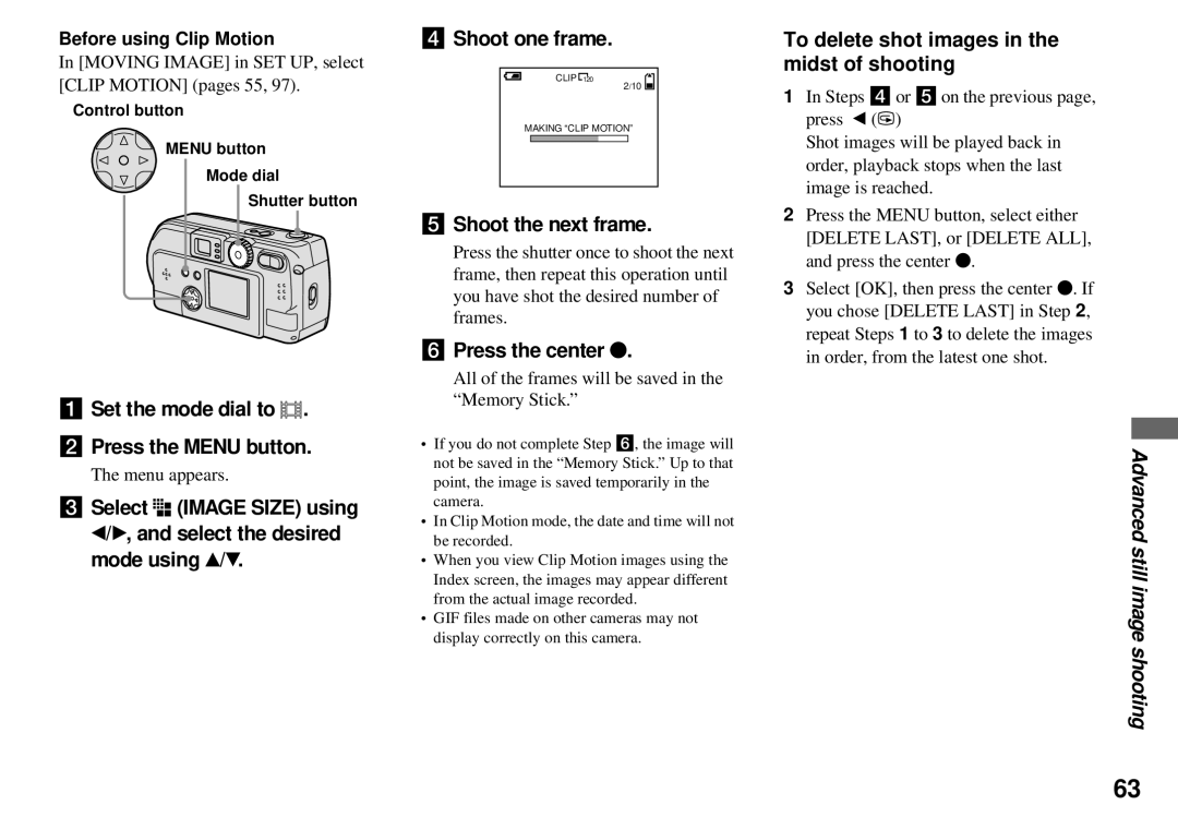 Sony DSC-P31, DSC-P51, DSC-P71 Set the mode dial to Press the Menu button, Shoot the next frame, Press the center z 