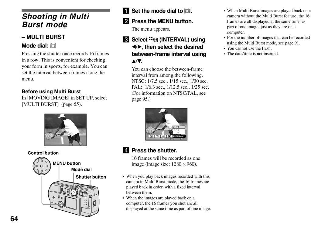 Sony DSC-P51, DSC-P31 Shooting in Multi Burst mode, Multi Burst Mode dial, Press the shutter, Before using Multi Burst 