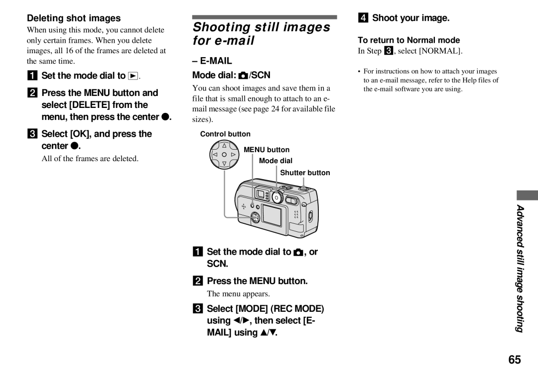 Sony DSC-P71, DSC-P31, DSC-P51 Shooting still images for e-mail, Deleting shot images, Select OK, and press the center z 