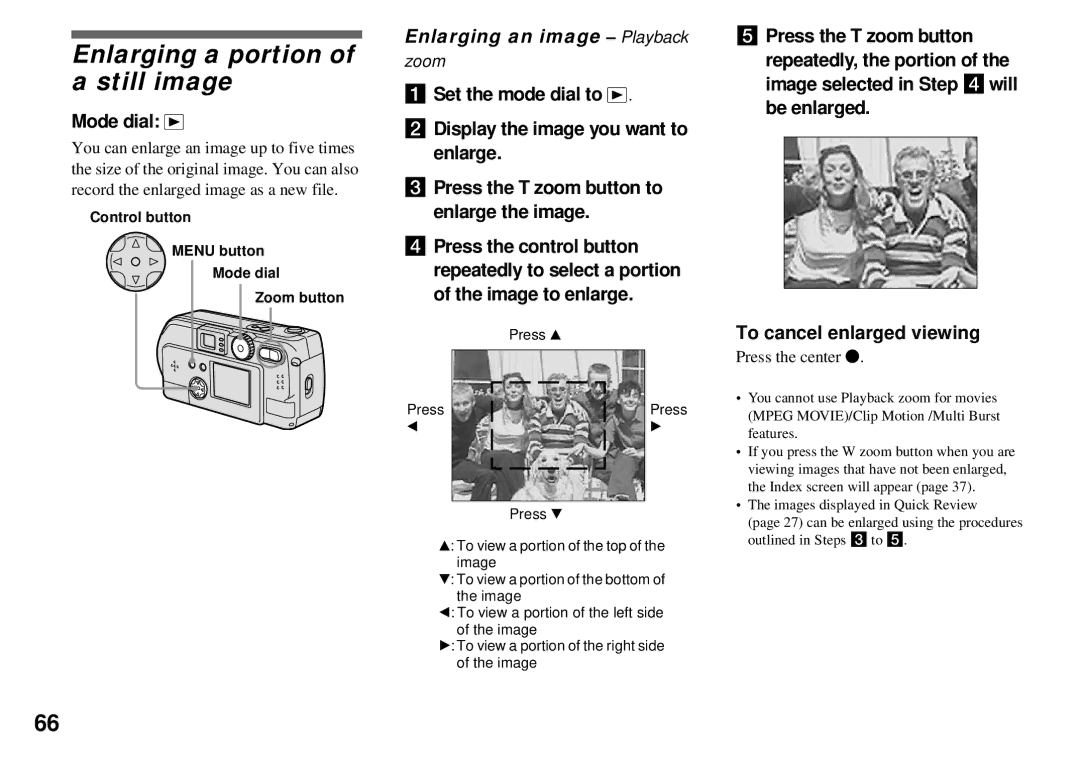 Sony DSC-P31, DSC-P51 Enlarging a portion of a still image, Mode dial, Enlarging an image Playback, Press the center z 