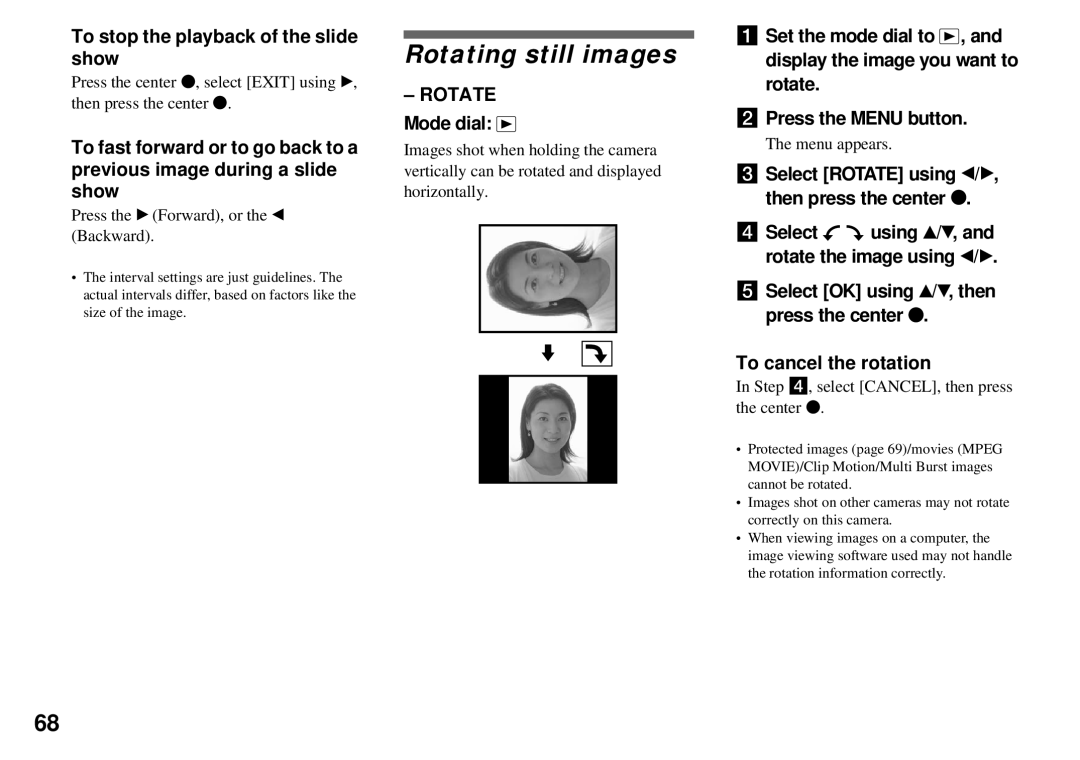 Sony DSC-P71, DSC-P31, DSC-P51 Rotating still images, To stop the playback of the slide show, Rotate Mode dial 