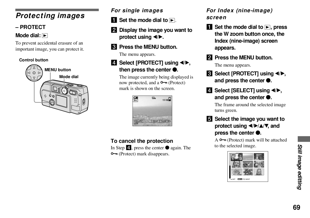 Sony DSC-P31, DSC-P51, DSC-P71 Protecting images, For single images, For Index nine-image screen, Still image, Editting 